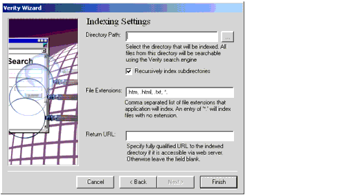 The Index Setting window of the Verity Wizard.