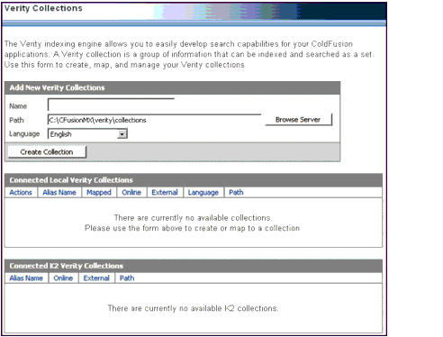 The Verity Collection page in the ColdFusion Administrator