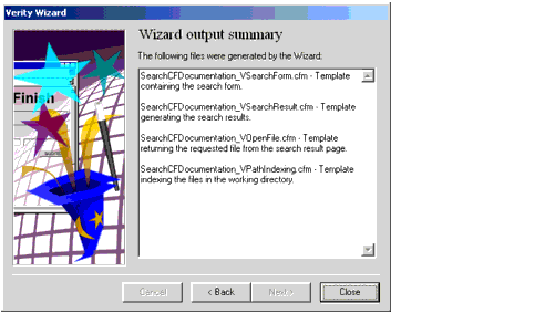 The Output Summary window of the Verity Wizard.