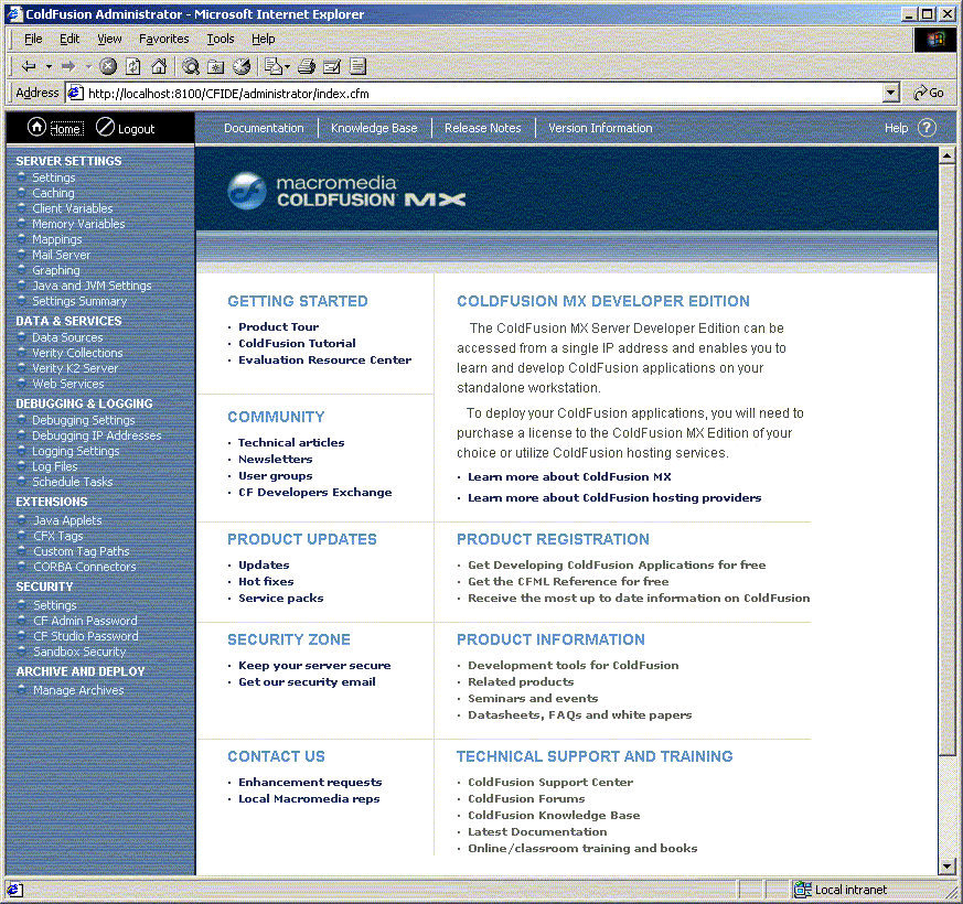 This image shows the ColdFusion MX Administrator home page.
